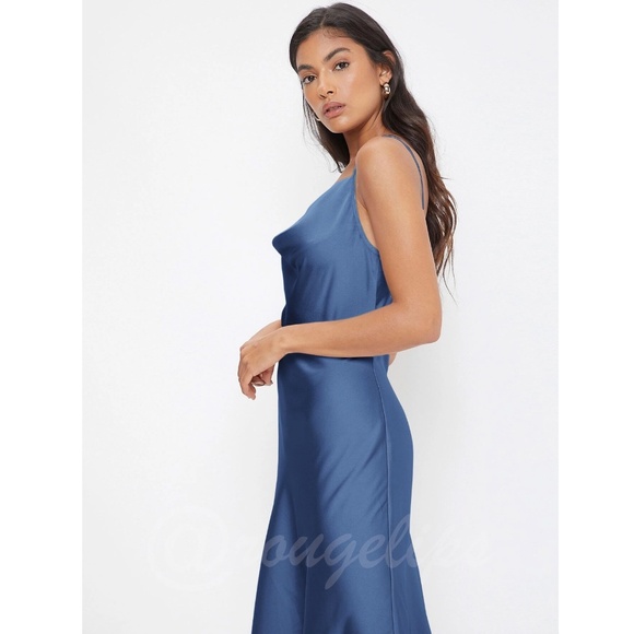 Blue Satin Cami Dress Midi Adjustable Spaghetti Straps - Picture 3 of 7